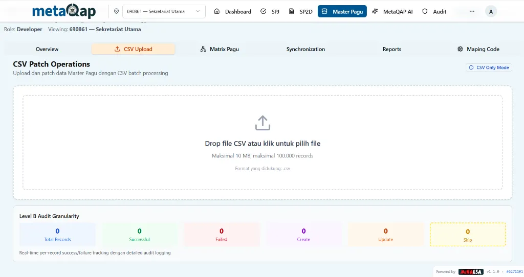 Tampilan Tab CSV Upload dengan drag-drop area dan Level B Audit Granularity panel