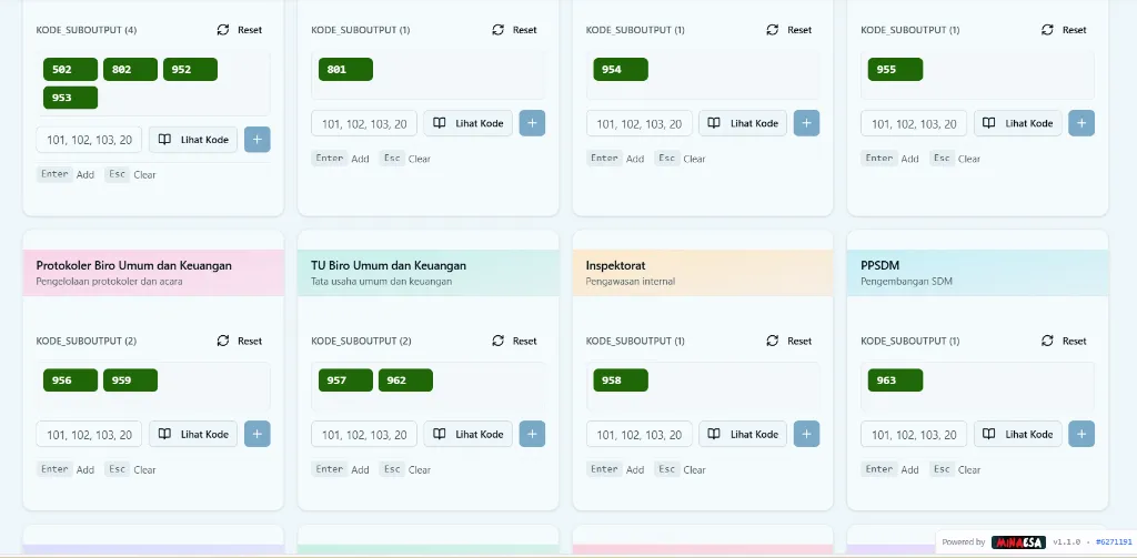 Detail kartu Mapping Code menampilkan badge kode, input, dan tombol aksi