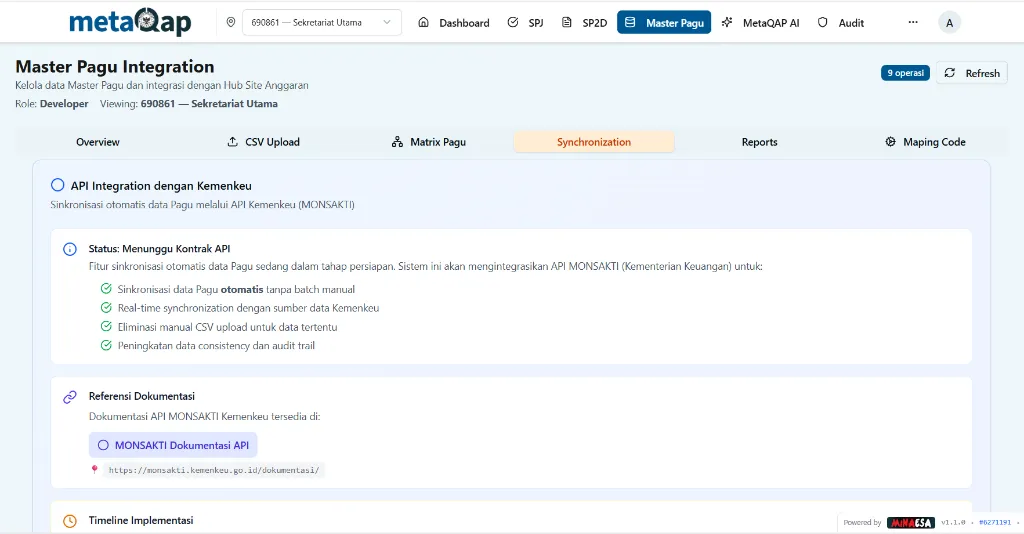 Tampilan Tab Synchronization dengan status API Integration dan referensi dokumentasi