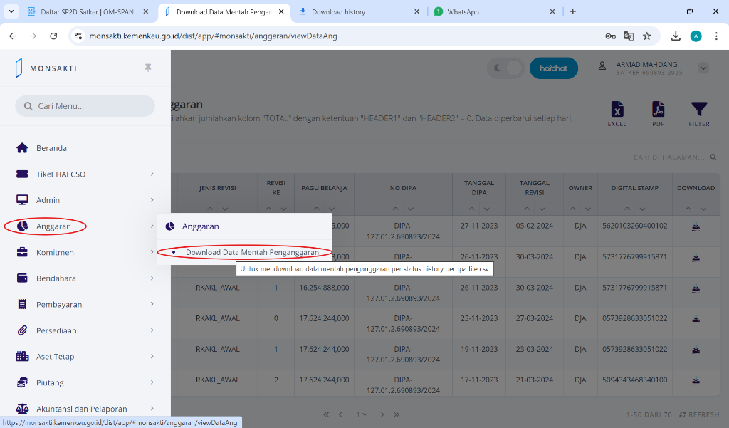 Menu Download Data Mentah di Monsakti