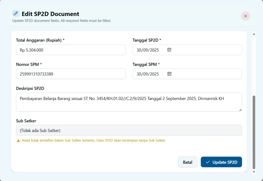 Edit SP2D - Tab 1: Metadata