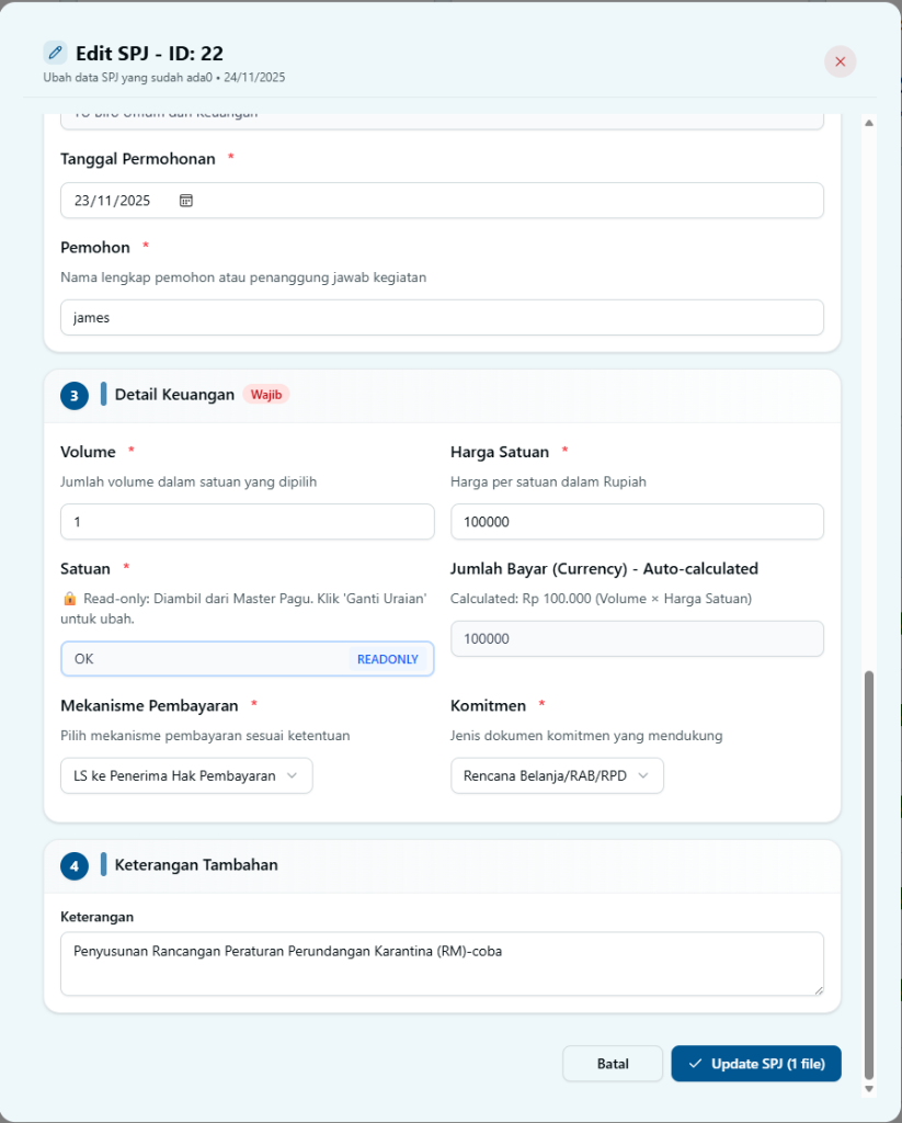 Edit Detail Keuangan SPJ